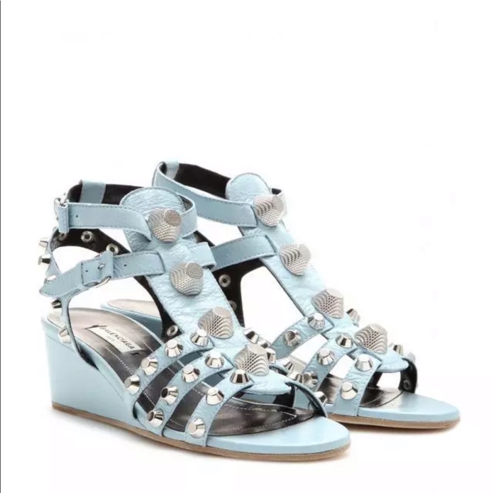 $940 Balenciaga blue wedge sandals with silver rivets.